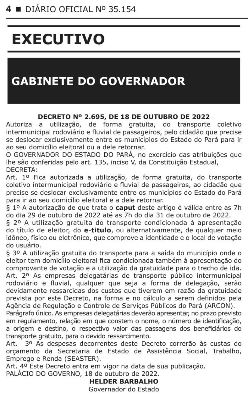 DECRETO ESTADUAL N. 2.695, DE 18 DE OUTUBRO DE 2022